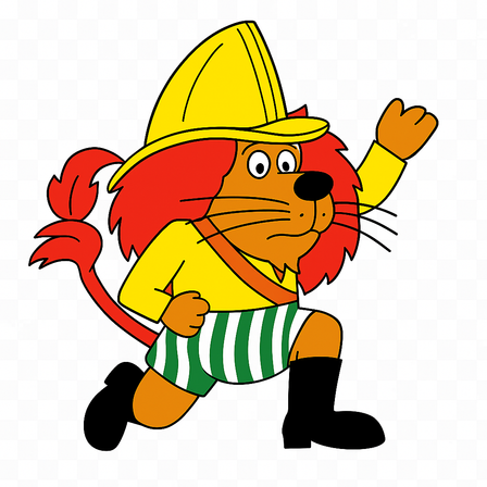 Ein gezeichneter Löwe, der als Feuerwehrmann gekleidet ist, läuft mit einem gelben Hut, grün-weiß gestreiften Shorts und schwarzen Stiefeln.
