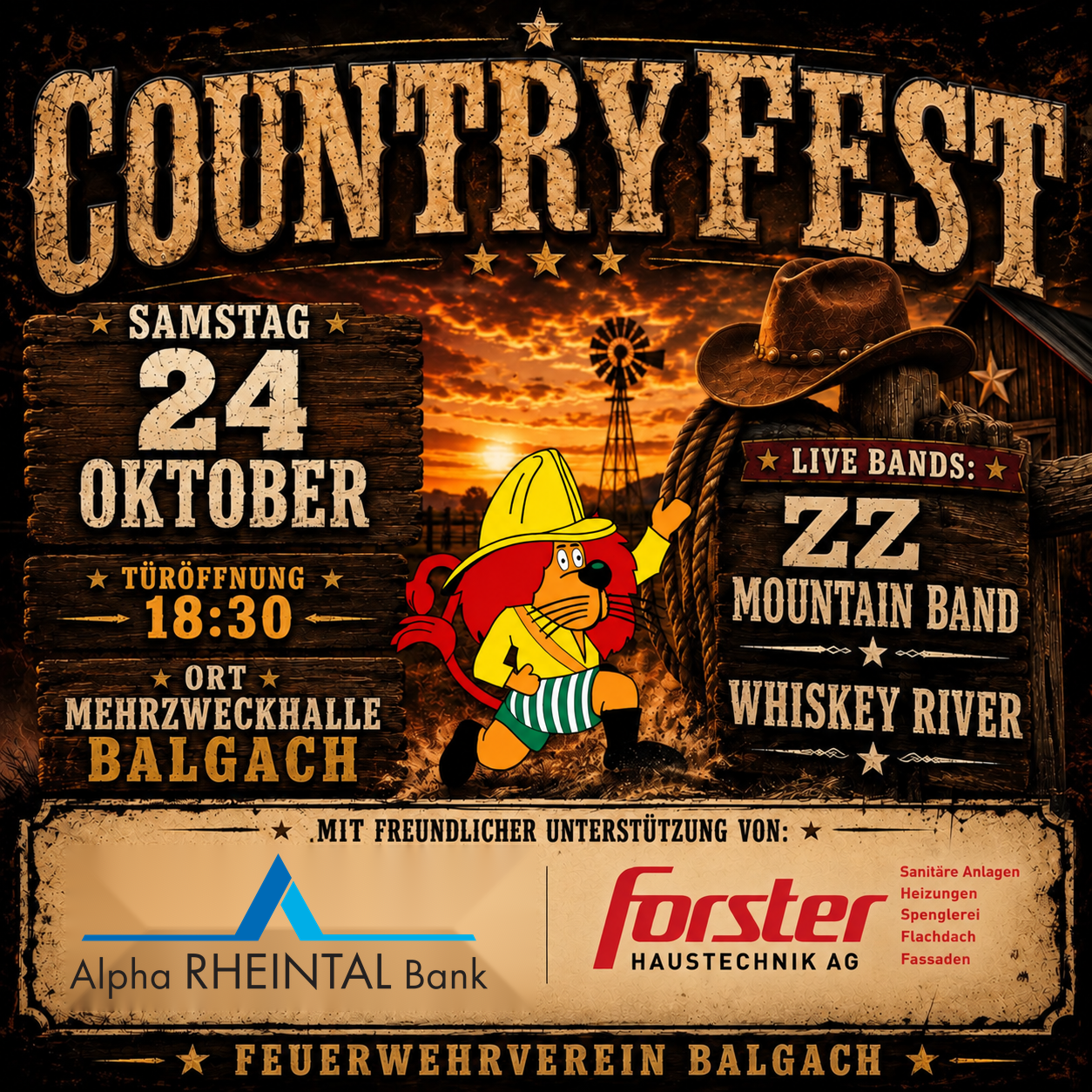 Plakat für das Countryfest-Event am Samstag, 24. Oktober, mit Live-Bands ZZ Mountain Band und Whiskey River. Die Veranstaltung beginnt um 18:30 Uhr in der Mehrzweckhalle Balgach. Sponsoren sind Alpha Rheintal Bank und Forster Haustechnik AG.