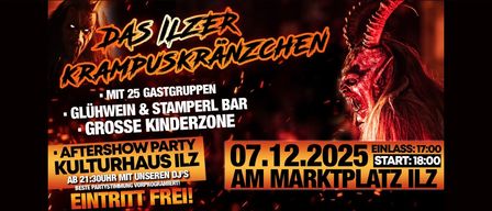 Werbeplakat für das Das Illzer Campuskraenzen Event. Zeigt ein teuflisches Gesicht und erwähnt 25 Gastgruppen, Wein- und Stamperl-Bar und einen großen Kinderbereich. Geplant für 07.12.2025 am Marktplatz. Eintritt frei.