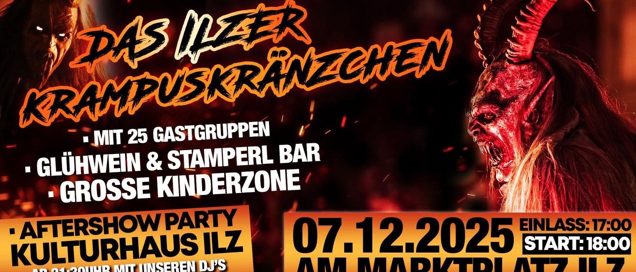 Plakat für Halloween-Veranstaltung in Ilz mit Gastgruppen, einer Stamperl-Bar und einem Kinderbereich. Datum: 7. Dezember 2022. DJs aus Ilz programmiert. Freier Eintritt.