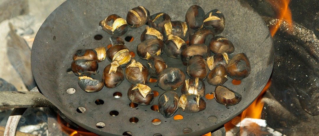 Ein Metallkorb voller gerösteter Kastanien steht über einem offenen Feuer. Die Kastanien haben eine Mischung aus gebrannten und goldbraunen Farben.