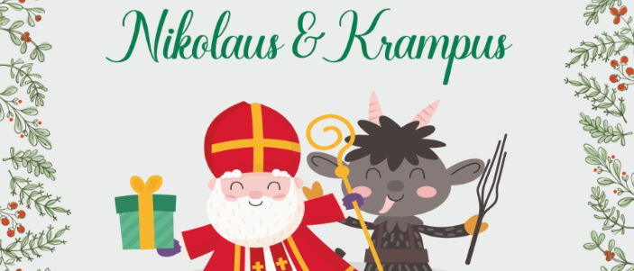 Illustration von Sankt Nikolaus, der ein Geschenk hält, und Krampus, der eine Harke hält. Beide Charaktere tragen festliche Kleidung mit Stechpalmenblättern im Hintergrund.