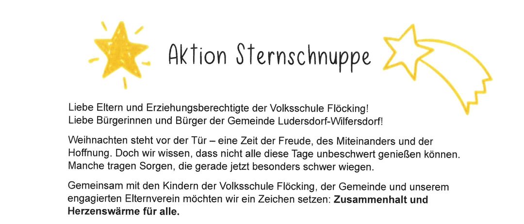 Liebe Eltern und Erziehungsberechtigte der Volksschule Flocking! Liebe Bürgerinnen und Bürger der Gemeinde Ludersdorf-Wilfersdorf! Weihnachten steht vor der Tür - eine Zeit der Freude, des Miteinanders und der Hoffnung. Doch wir wissen, dass nicht alle diese Tage unbeschwert genießen können. Manche tragen Sorgen, die gerade jetzt besonders schwer wiegen. Gemeinsam mit den Kindern der Volksschule Flocking, der Gemeinde und unserem engagierten Elternverein möchten wir ein Zeichen setzen: Zusammenhalt und Herzenswärme für alle.