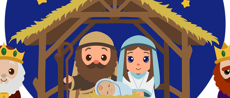 Eine Illustration der Krippe mit Josef, Maria und dem Baby Jesus in der Krippe, unter einem sternenklaren Himmel. Zwei Weise mit Kronen sind auf beiden Seiten anwesend.