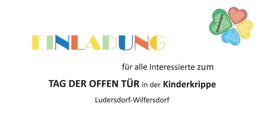 Plakat für den Tag der offenen Tür in der Kinderkrippe Luedersdorf-Wilfersdof. Mittwoch, 22.01.2026, von 16-18 Uhr. Themen sind Anmeldeprozess, Bildungsprozesse, Tagesablauf, Mittagsverpflegung/Jause und individuelle Erkundungen.