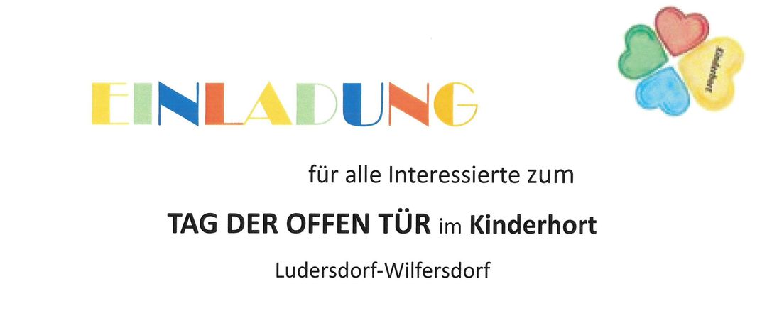 Plakat für den Tag der offenen Tür im Kinderhort Ludersdorf-Wilfersdorf am Mittwoch, 22.01.2026 von 16-18 Uhr. Impulsvorträge zu Themen wie Anmeldeprozess, Bildungsprozesse, Kinderbetreuung und individuelle Erkundung.