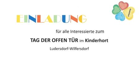 Plakat für den Tag der offenen Tür im Kinderhort Ludersdorf-Wilfersdorf am Mittwoch, 22.01.2026 von 16-18 Uhr. Impulsvorträge zu Themen wie Anmeldeprozess, Bildungsprozesse, Kinderbetreuung und individuelle Erkundung.