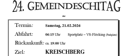 Der 24. Gemeindeskitag findet am Samstag, 21.02.2026 statt. Abfahrt ist um 06:15 Uhr am Sportplatz in VS-Flocking. Die Rückkehr erfolgt ca. um 19:00 Uhr. Das Ziel ist Kreischberg. Kinder bis zum Jahrgang 2020 nehmen kostenlos teil. Weitere Preiskategorien gelten.