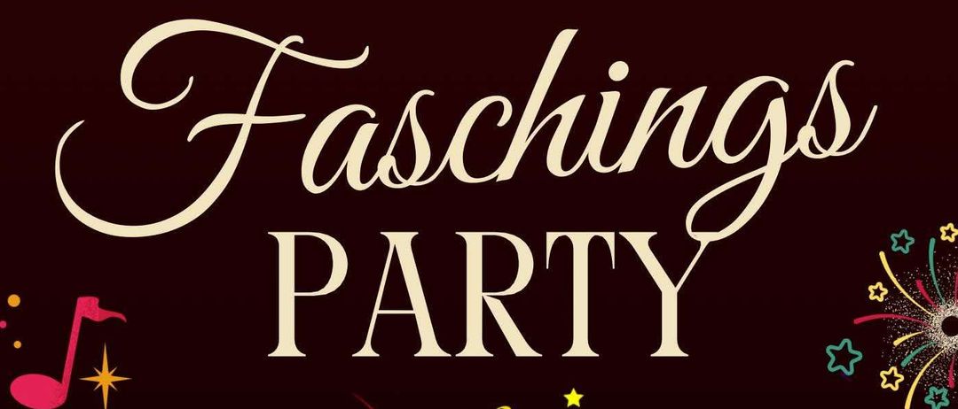 Ein Plakat für eine Karnevalsparty. Es zeigt eine farbenfrohe Maske mit Federn und Sternen. Der Text enthält das Datum 06.02.2026, die Zeit 19:00 und erwähnt Snacks, Getränke, Live-Musik und Auszeichnungen für das beste Kostüm.