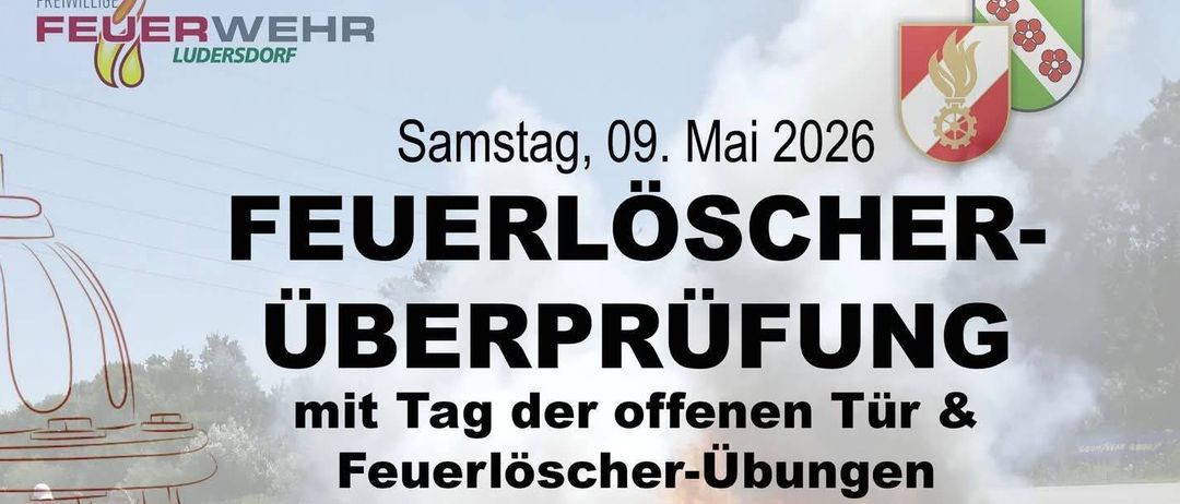 Am 09. Mai 2026 findet von 08:00 bis 12:00 Uhr im Feuerwehrhaus Ludersdorf eine Feuerlöscherüberprüfung statt. Beim Tag der offenen Tür haben Kinder, Jugendliche und Erwachsene die Möglichkeit, einen Einblick in das Feuerwehrwesen zu erhalten.