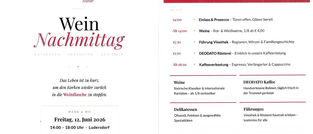 Weinverkostungsveranstaltung in Genussvinothek in Ludersdorf am 12. Juni 2026. Wein, Prosecco und Essenverkostung von 14:00 bis 18:00. Keine Reservierung erforderlich.