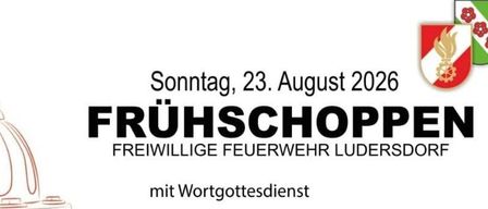 Plakat für eine Veranstaltung der Freiwilligen Feuerwehr Ludersdorf. Es zeigt einen Feuerhydranten, einen Comic-Charakter und Bilder von Hüpfburgen. Die Veranstaltung beinhaltet ein Wortratespiel, Eis für Kinder und ein kostenloses Kinderprogramm.