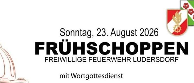 Plakat für eine Veranstaltung der Freiwilligen Feuerwehr Ludersdorf. Es zeigt einen Feuerhydranten, einen Comic-Charakter und Bilder von Hüpfburgen. Die Veranstaltung beinhaltet ein Wortratespiel, Eis für Kinder und ein kostenloses Kinderprogramm.