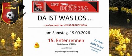 Ein Plakat für ein Fußballevent am 19. September 2026 mit zwei Veranstaltungen: 15. Enternrennen um 17 Uhr und 10. Kinderentenrennen um 16 Uhr. Im Hintergrund Enten.