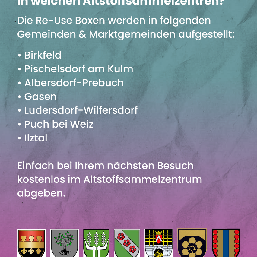Die Re-Use Boxen werden in folgenden Gemeinden aufgestellt: Birkfeld, Pischelsdor am Kulm, Albersdorf-Prebouch, Gasen, Ludersdorf-Wilfersdor, Puch bei Weiz und Iltztal. Einfach beim nächsten Besuch kostenlos im Altstoffsammelzentrum abgeben.
