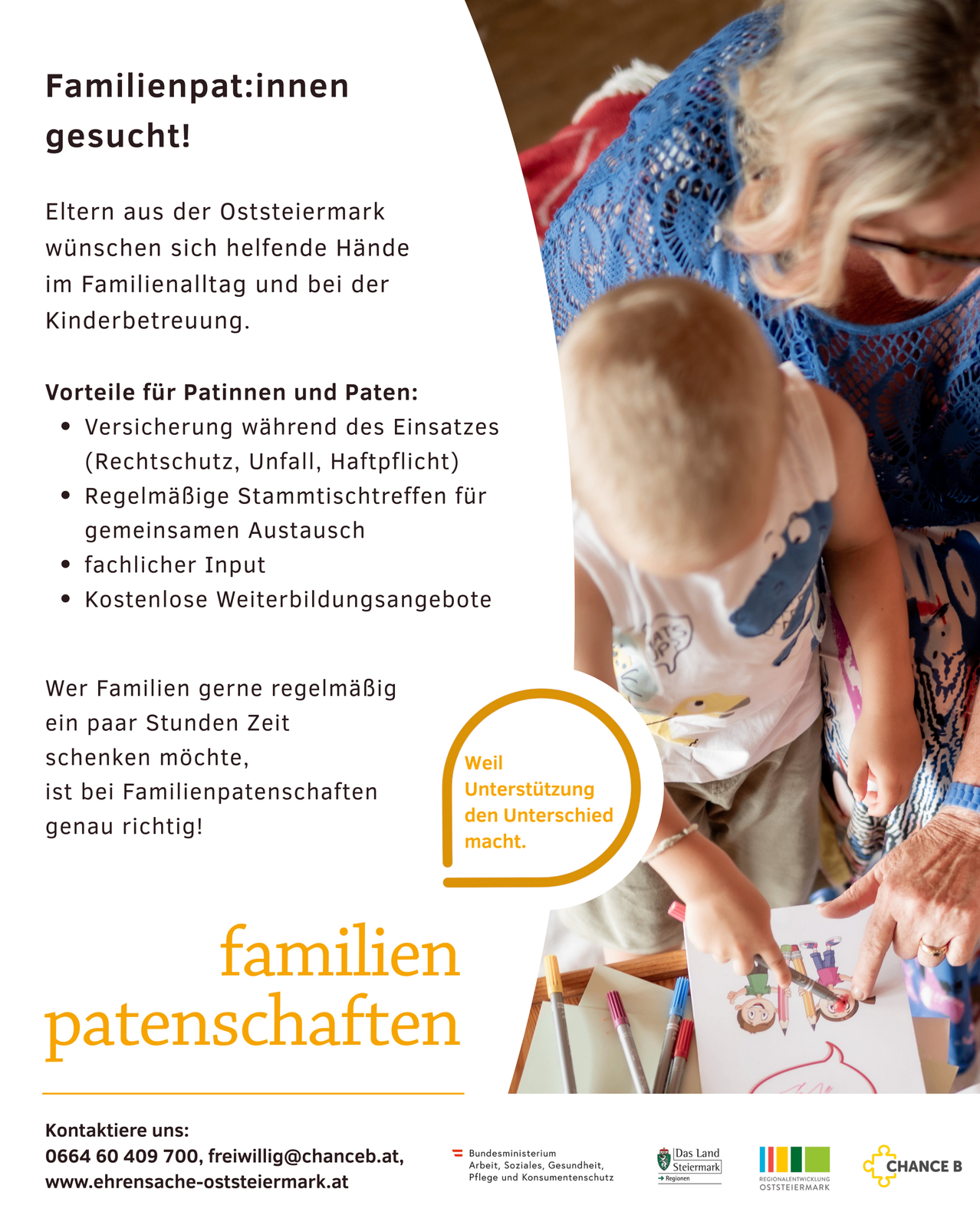 Ein Bild einer Familie mit einem Baby und einer Frau, das Baby zeichnet. Der Text lautet 'Familienpatentschaften' und bietet Vorteile für Eltern wie Versicherung, regelmäßige Stammtischtreffen und kostenloses Training an.