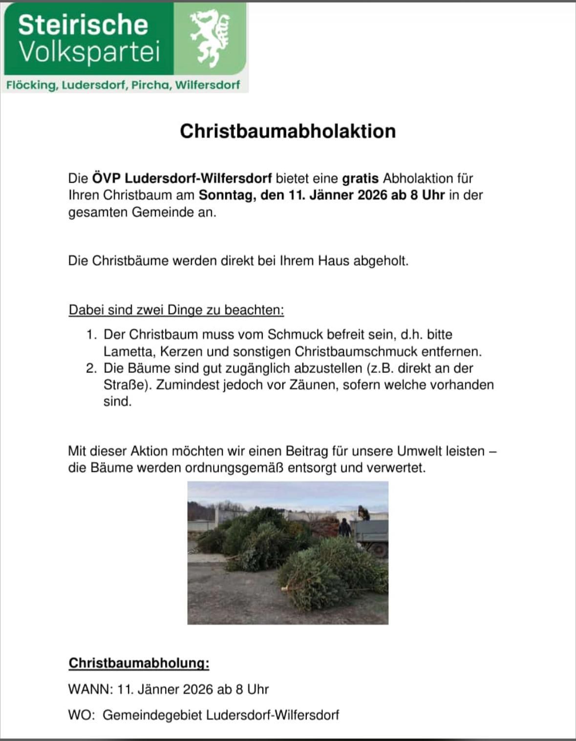 Plakat über die kostenlose Abholung von Weihnachtsbäumen am 11. Januar 2026. Bäume müssen sauber sein, aus Kisten entfernt und entlang der Straße oder Zäune gestellt werden. Bäume werden von den Häusern abgeholt.