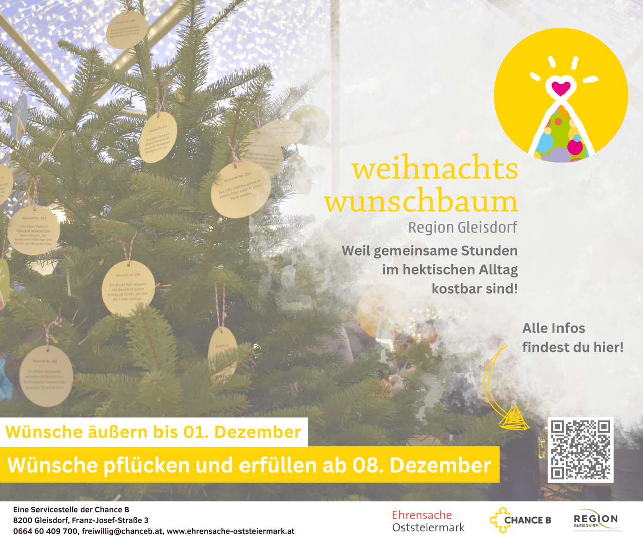 Ein Bild eines Weihnachtsbaums mit Anhängern, die daran hängen. Der Text lautet 'Weihnachtswunschbaum Region Gleisdorf'. Es lädt dazu ein, Wünsche am Baum aufzuhängen. Weitere Informationen finden Sie auf einer Website.