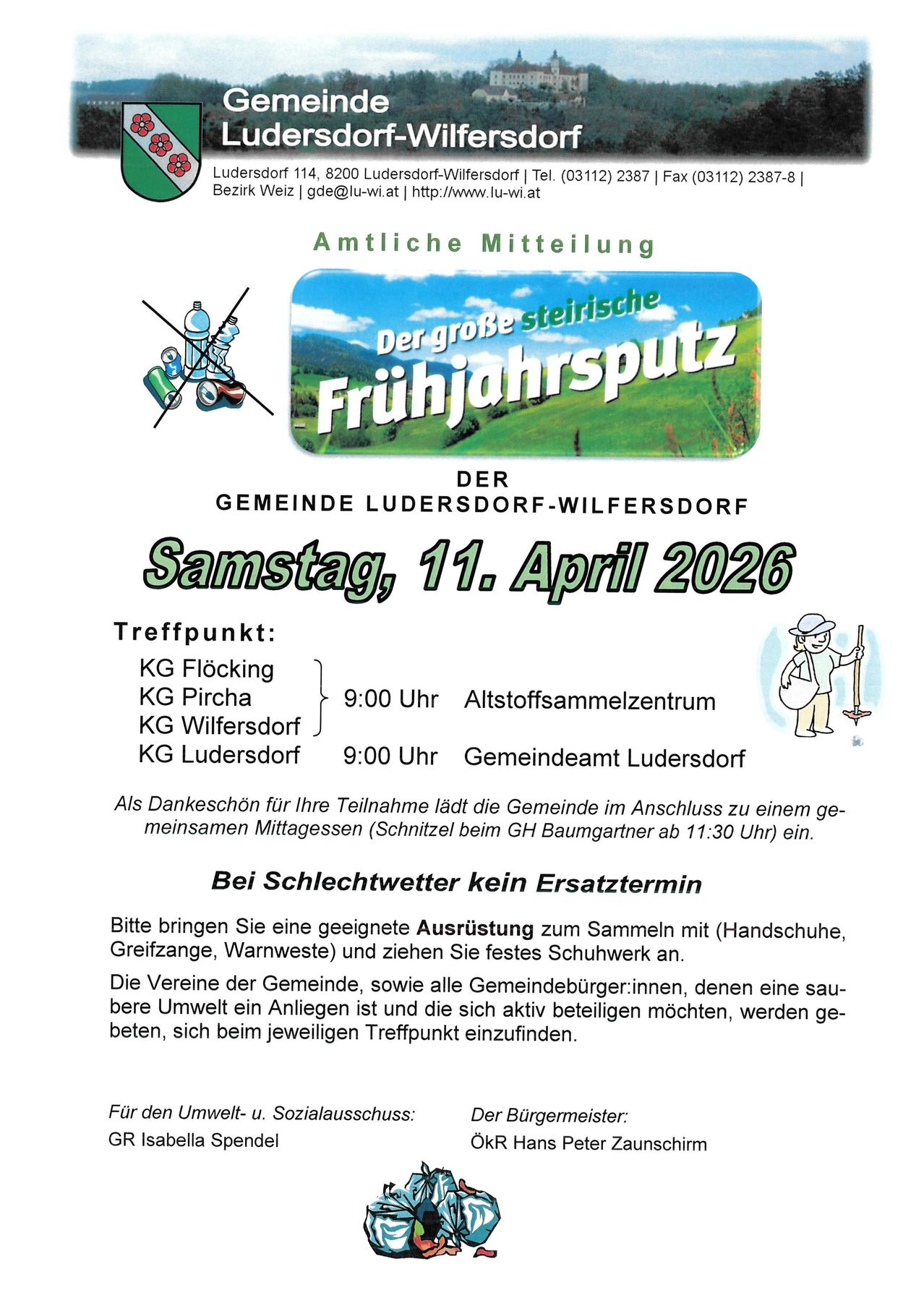 Amtliche Mitteilung der Gemeinde Ludersdorf-Wilfersdorf. Treffen am 11. April 2026 an verschiedenen Orten. Ein gemeinsames Mittagessen ist als Dankeschön für die Teilnahme geplant. Geeignete Kleidung und Werkzeuge für die Sammlung erforderlich.