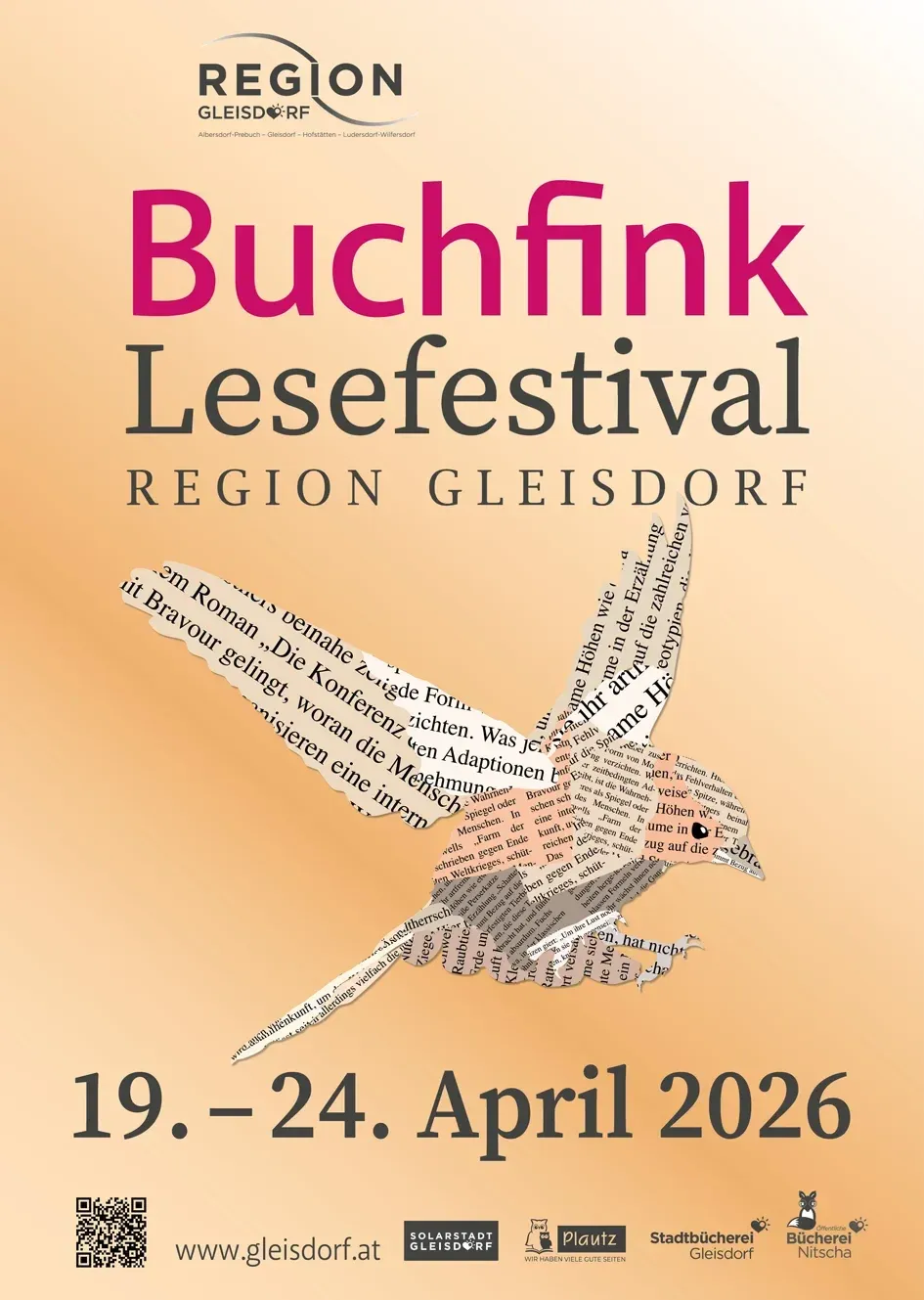 Plakat für das Buchfink Lesefestival in der Region Gleisdorf. Eine Silhouette eines Vogels aus Papier mit verstreuten Texten. Die Veranstaltungsdaten sind vom 19. bis 24. April 2026.