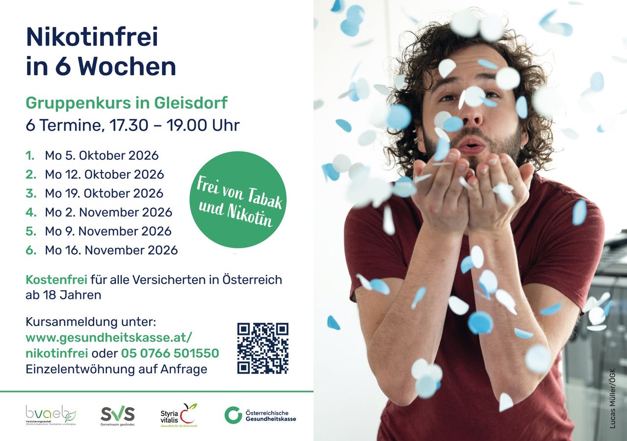 Ein Flyer für kostenlose Beratungsveranstaltungen zu Tabak und Nikotin in Gleisdorf, Österreich, mit einem Mann umgeben von Konfetti. Die Veranstaltungen sind für Oktober, November und Dezember 2026 geplant.