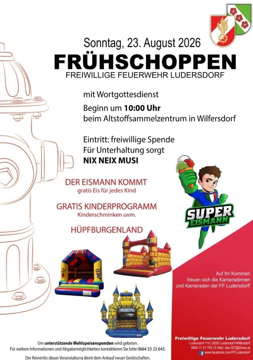 Ein Werbeplakat für die Freiwillige Feuerwehr Ludersdorf mit einem Feuerhydranten, einem Comic-Charakter und Hüpfburgen. Die Veranstaltung beinhaltet kostenloses Eis, ein Wortratespiel und ein kostenloses Kinderprogramm.