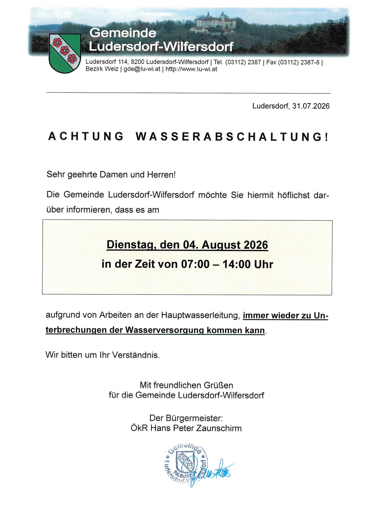 Amtliche Mitteilung der Gemeinde Ludersdorf-Wilfersdorf über eine Wasserunterbrechung am 04. August 2026 von 07:00 bis 14:00 Uhr. Die Mitteilung ist vom 31.07.2026.