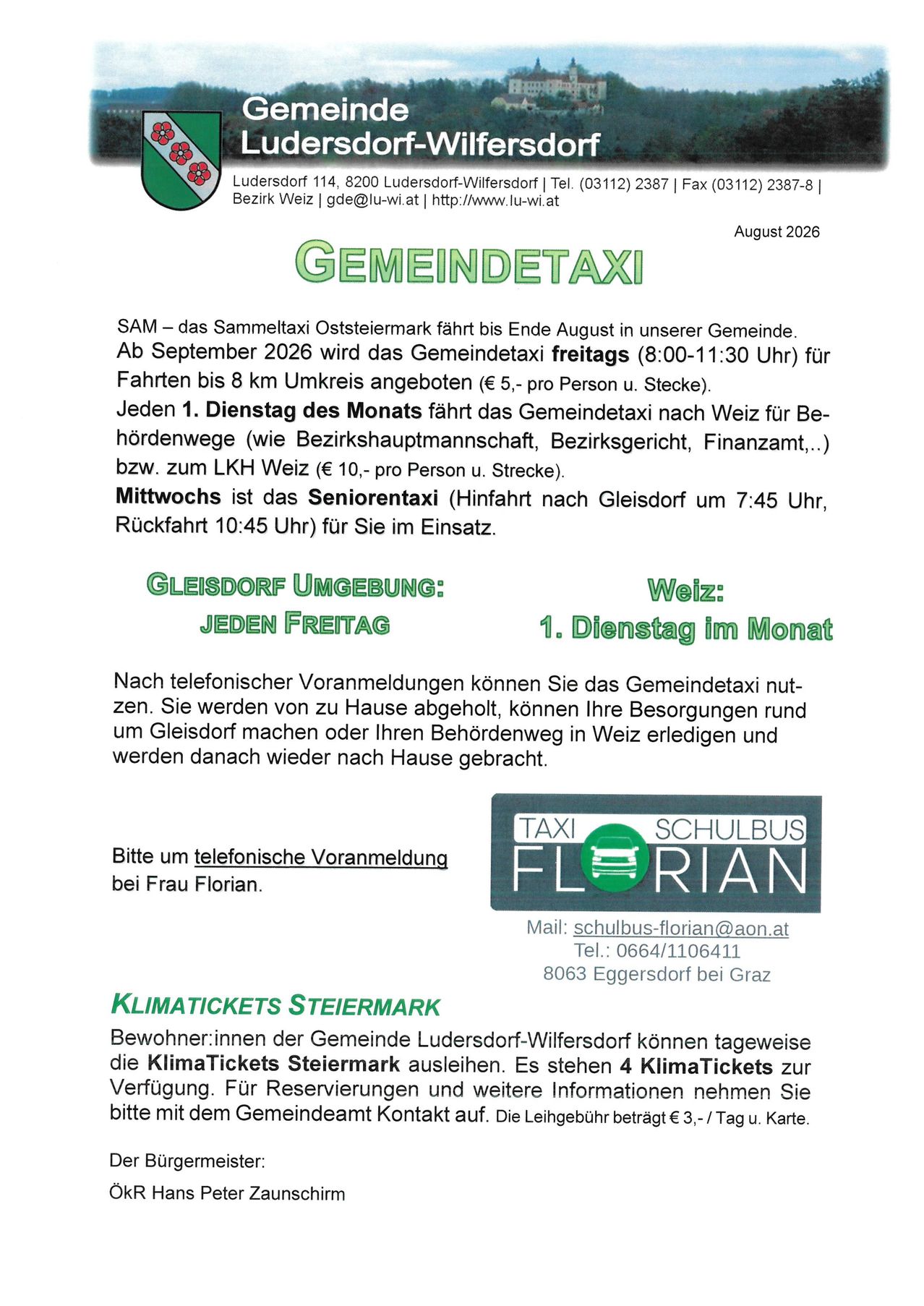 Ein Flyer bewirbt den Gemeindetaxi-Service in Weiz, Österreich, mit Details zu Fahrplan und Dienstleistungen, einschließlich lokaler Fahrten, Fahrten nach Weiz und Seniorentaxi-Dienste. Es werden auch KlimaTickets Steiermark angeboten.