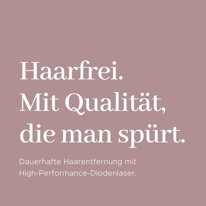 Ein rosa Hintergrund mit weißem Text, der 'Haarfrei. Mit Qualität, die man spürt.' lautet. Darunter 'Dauerhafte Haarentfernung mit High-Performance-Diodenlaser.'