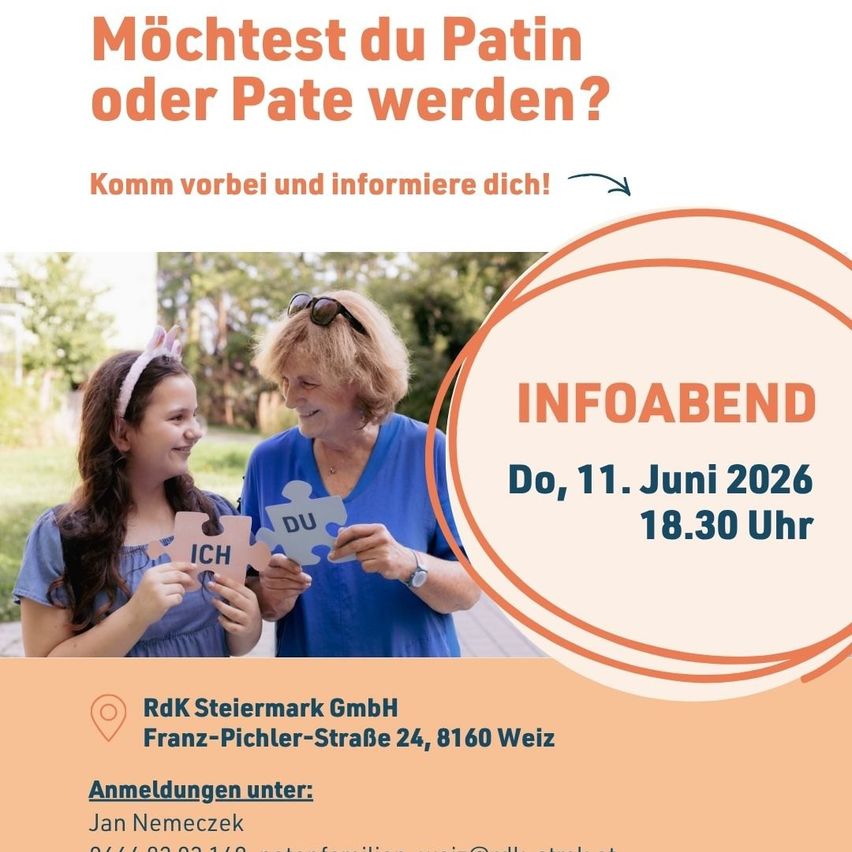 Plakat zur Infoveranstaltung über das Pflegen. Datum 11. Juni 2026 um 18:30 Uhr. Veranstaltungsort RdK Steiermark GmbH. Kontakt Jan Nemeczek.