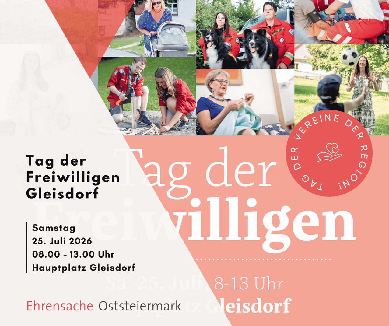 Tag der Freiwilligen in Gleisdorf. Samstag, 25. Juli 2026, 08:00 - 13:00 Uhr. Verschiedene Aktivitäten mit Hunden und Menschen.