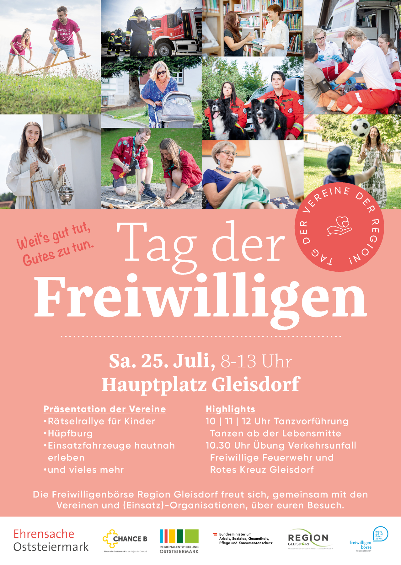Plakat für Tag der Freiwilligen mit verschiedenen Aktivitäten wie Rätselrallye für Kinder, Hundetanzen und Feuerwehrvorführung. Veranstaltung am 25. Juli, 8-13 Uhr am Hauptplatz Gleisdorf.