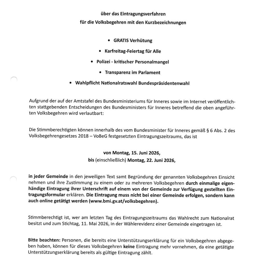 Ein Dokument beschreibt das Registrierungsverfahren für Bürger mit Kurzbezeichnungen. Es erwähnt kostenlose Impfungen, Feiertag-Festival für alle, Polizei-kritischer Personalmangel und Transparenz im Parlament. Die Registrierung ist vom 15. Juni bis 22. Juni 2026 erlaubt.