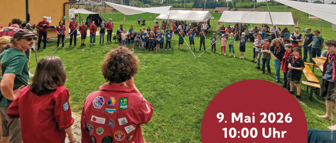 Ein Plakat für eine Veranstaltung mit einer Gruppe von Menschen in roten Hemden. Die Veranstaltung trägt den Titel 'Im Grünen'. Das Datum und die Uhrzeit ist der 9. Mai 2026 um 10:00 Uhr in Lasselsdorf.