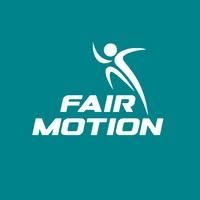 Das Fair Motion Logo zeigt eine weiße Silhouette einer Person in Bewegung auf einem türkisfarbenen Hintergrund. Der Text 'FAIR MOTION' ist in fetter, großgeschriebener weißer Schrift geschrieben.