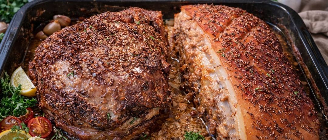 Zwei gebratene Schweinestücke mit Kräutern und Gewürzen auf einem Tablett, garniert mit Rosmarin und Petersilie, begleitet von einer Schüssel Sauce und Gewürzen.