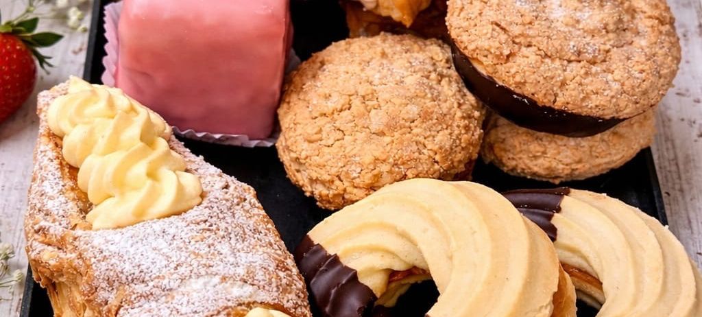 Ein schwarzer Teller mit verschiedenen Gebäckstücken wie Croissants, Donuts und einem rosa Kuchen, umgeben von Blumen und einer Erdbeere.