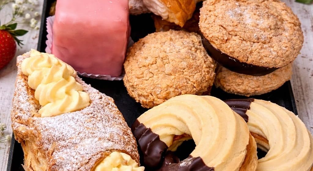 Ein schwarzer Teller mit verschiedenen Gebäckstücken wie Croissants, Donuts und einem rosa Kuchen, umgeben von Blumen und einer Erdbeere.