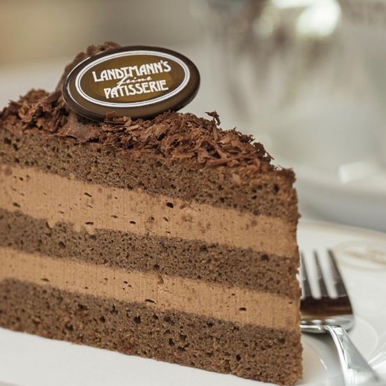 Ein Stück Schokoladenkuchen mit einer runden Schokoladenverzierung, überzogen mit Schokoladenraspeln, serviert auf einem weißen Teller mit einer silbernen Gabel.