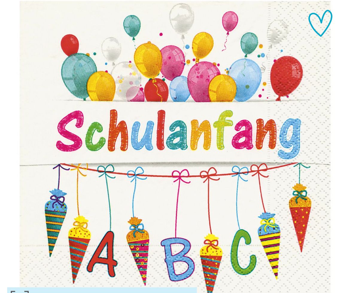Eine farbenfrohe Karte zum Schulanfang zeigt unterschiedliche Luftballons über einem Banner mit der Aufschrift 'Schulanfang'. Darunter sind Eiswaffeln mit den Buchstaben A, B und C angeordnet.
