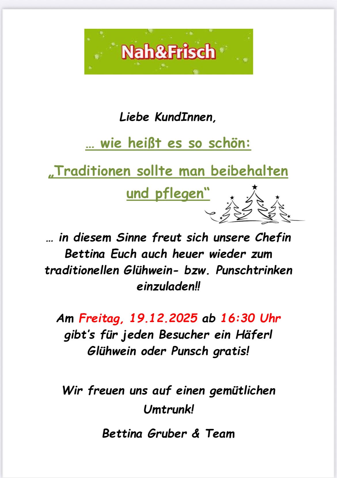 Ein Plakat lädt Gäste zu einem traditionellen Glühwein- bzw. Punschtrinken am Freitag, 19. Dezember 2025, um 16:30 Uhr ein. Jeder Besucher erhält einen kostenlosen Becher Glühwein oder Punsch. Das Plakat ist im festlichen Stil mit einer Weihnachtsbaum-Illustration gestaltet.