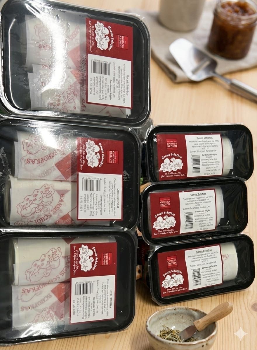 A stack of black plastic containers with red labels, each containing a rolled item with red drawings. The labels read 'SCHNITZELS'. A stainless steel spatula is nearby.
