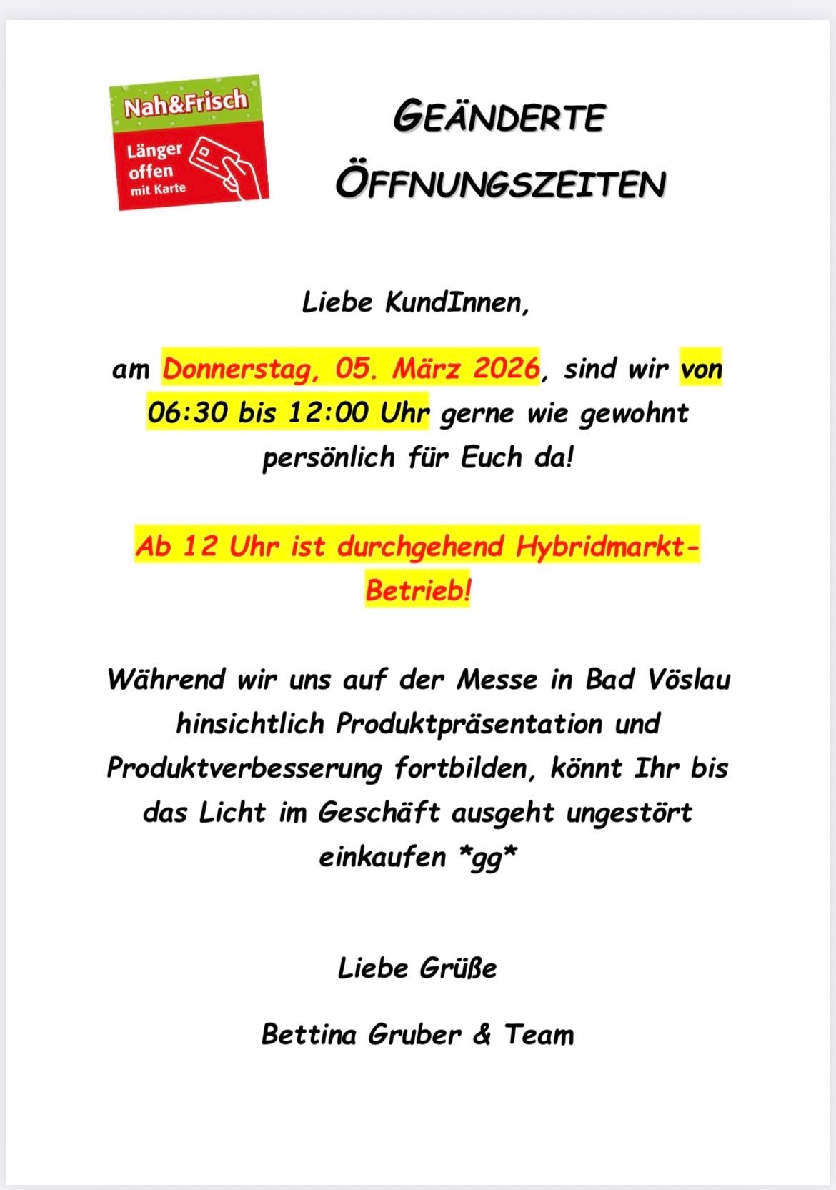 Poster announces opening hours on Thursday, March 5, 2026, from 06:30 to 12:00, with a hybrid market operation starting at 12:00. Customers can shop uninterrupted.