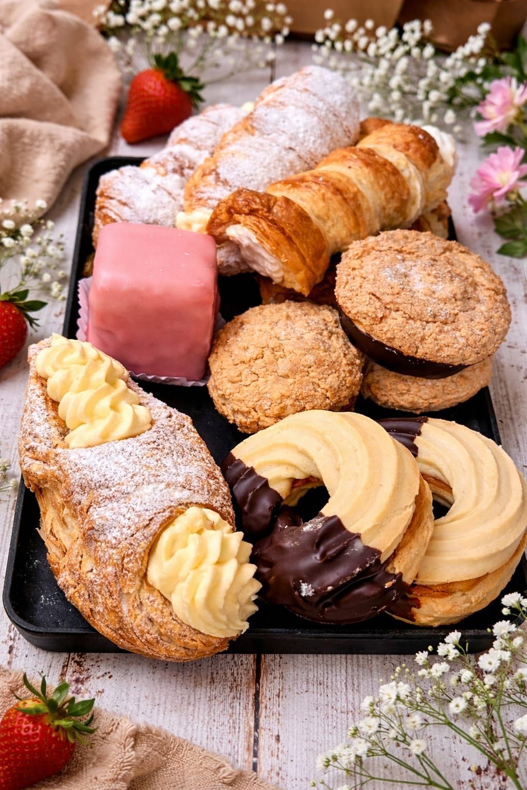 Ein Tablett mit Gebäck enthält einen rosa Quadratkuchen, ein Croissant, Kekse und verschiedene Donuts. Einige haben Schokoladenglasur, während andere mit Puderzucker bestreut sind.