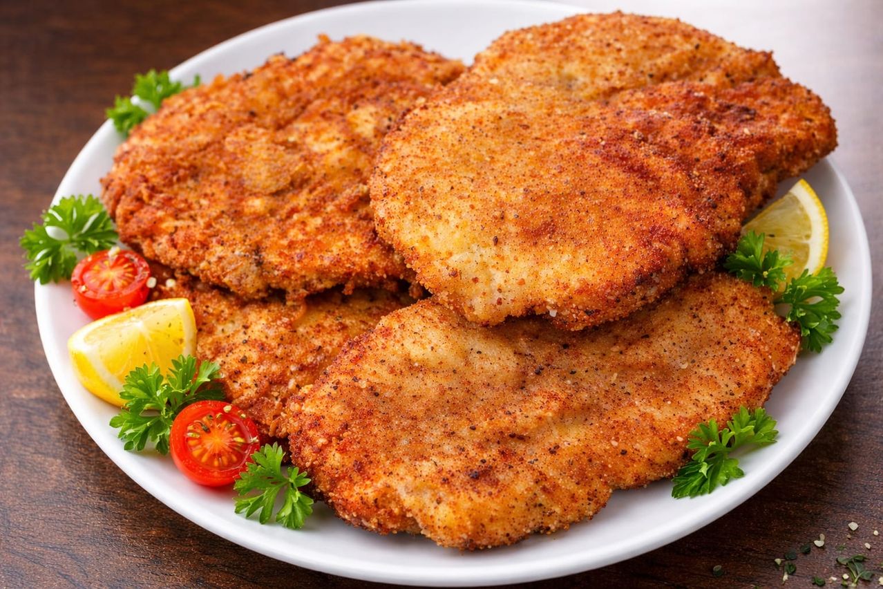 Ein Teller mit knusprigen, goldbraunen panierten Hähnchenschnitzeln mit einer Zitronenscheibe und Petersiliengarnitur. Das Gericht ist auf einem weißen Teller vor hölzerne Hintergrund serviert.