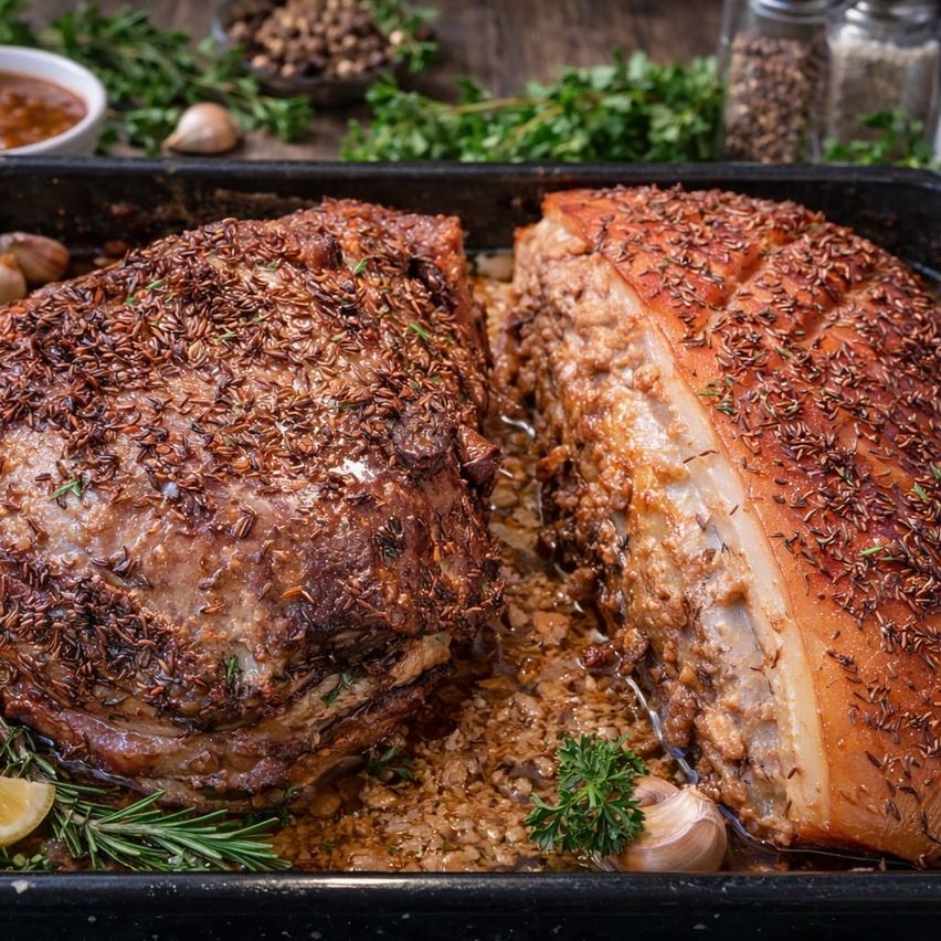 Two roasted pork roasts with herbs and spices, placed on a tray with a lemon slice and garlic cloves.