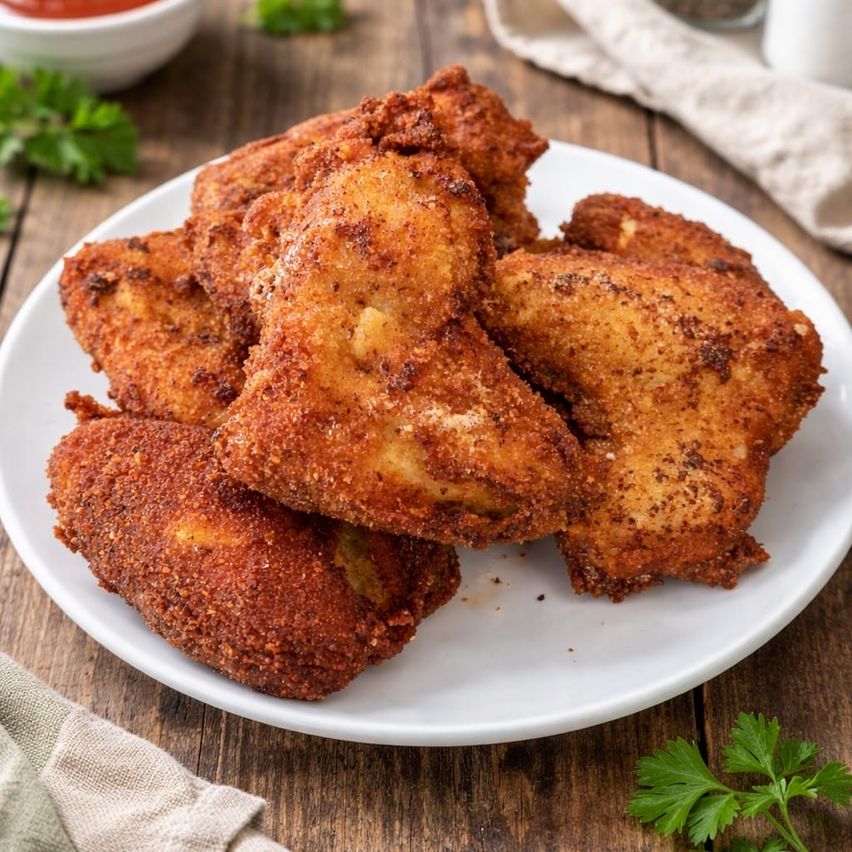 A plate of crispy fried chicken pieces with a golden-brown crust, served on a wooden table with a side of ketchup and parsley.