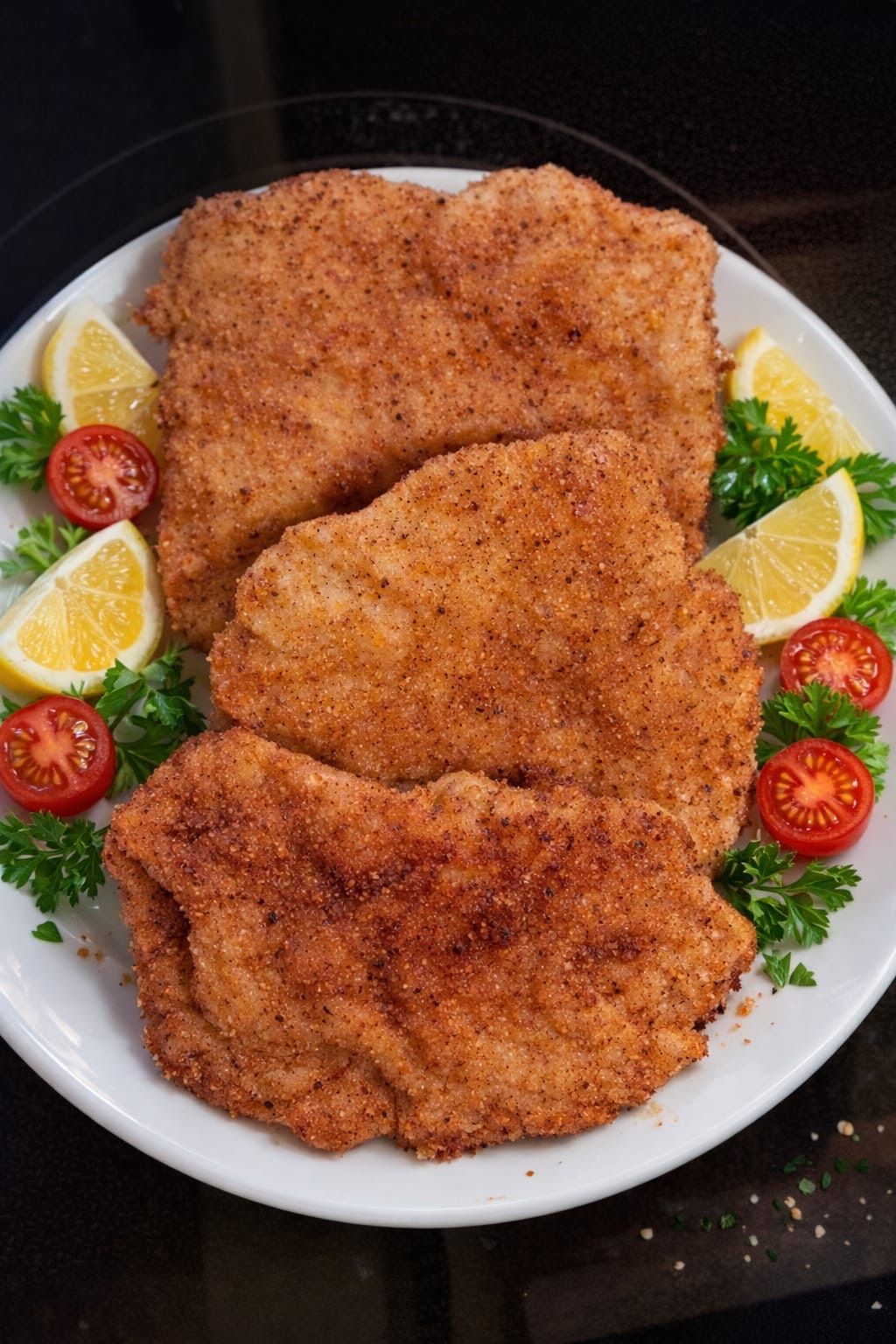 A white plate with four pieces of breaded chicken, garnished with lemon slices and parsley.