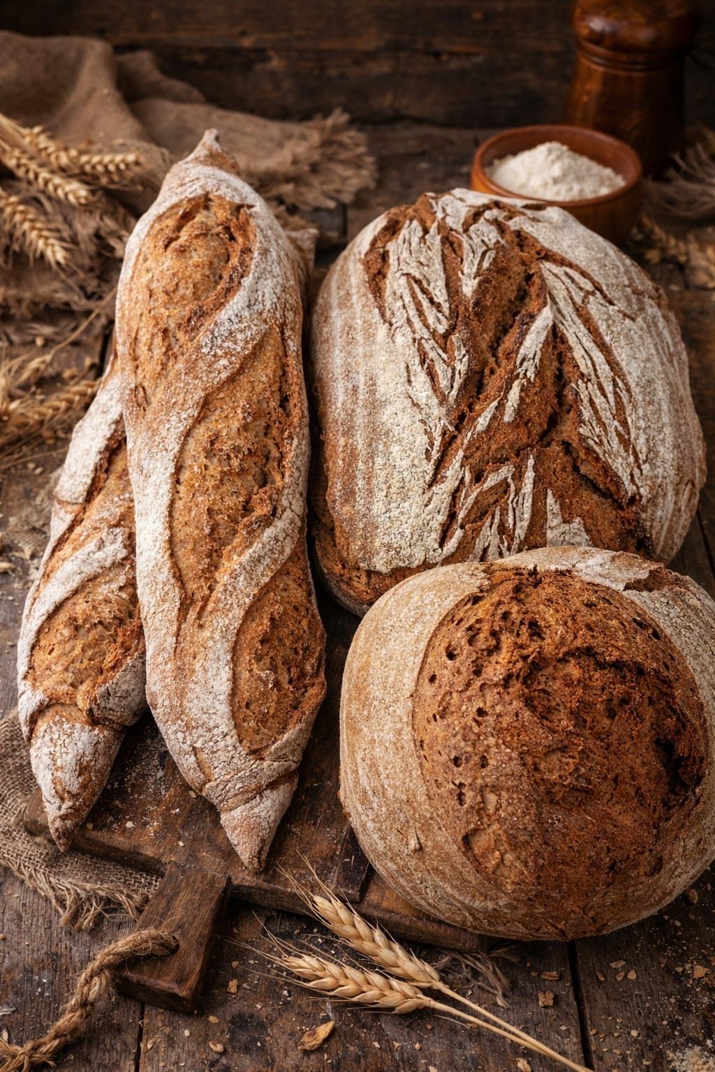 Vier Brotlaibe, zwei mit einem Blattdesign, liegen auf einer Holzoberfläche. Dahinter stehen eine Schüssel mit Mehl und einige Weizenkörner.