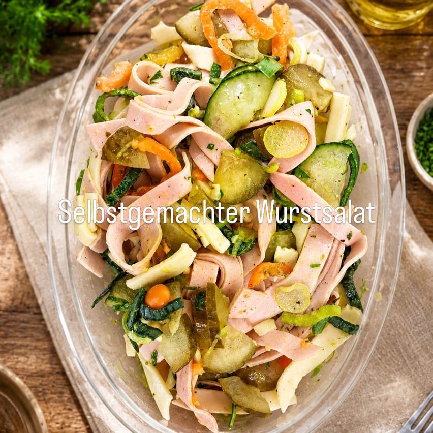 Eine Schüssel selbstgemachter Wurstsalat mit geschnittenen Gurken, Karotten und eingelegtem Gemüse auf einem Holztisch.